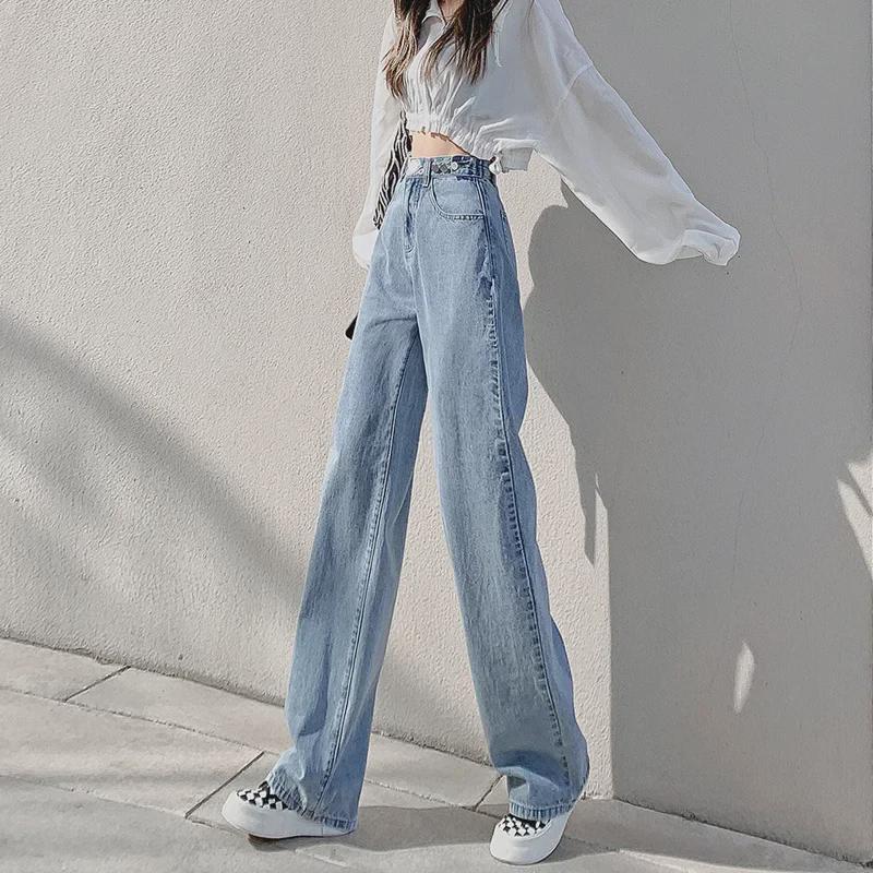 VantaGoods Dames 863 High Waist Straight Leg Jeans - Lente 2022, Lichte wassing, Slim-Fit, Wijde pijpen L lichtblauwe kleur