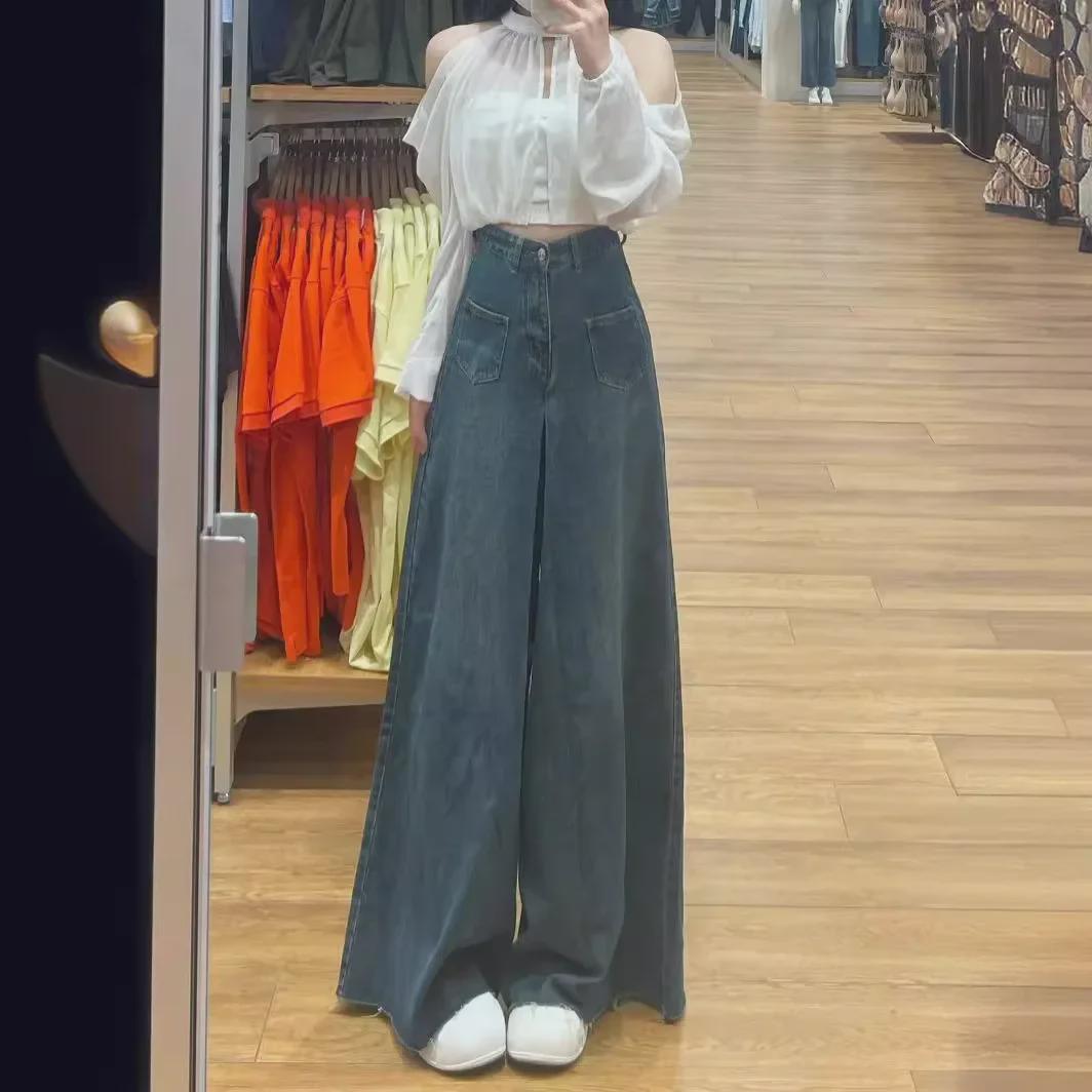 VantaGoods Zomer Retro High-Waist Wijde Peervormige Jeans voor Dames - Slanke, Losse, Vloerlange Broek XL