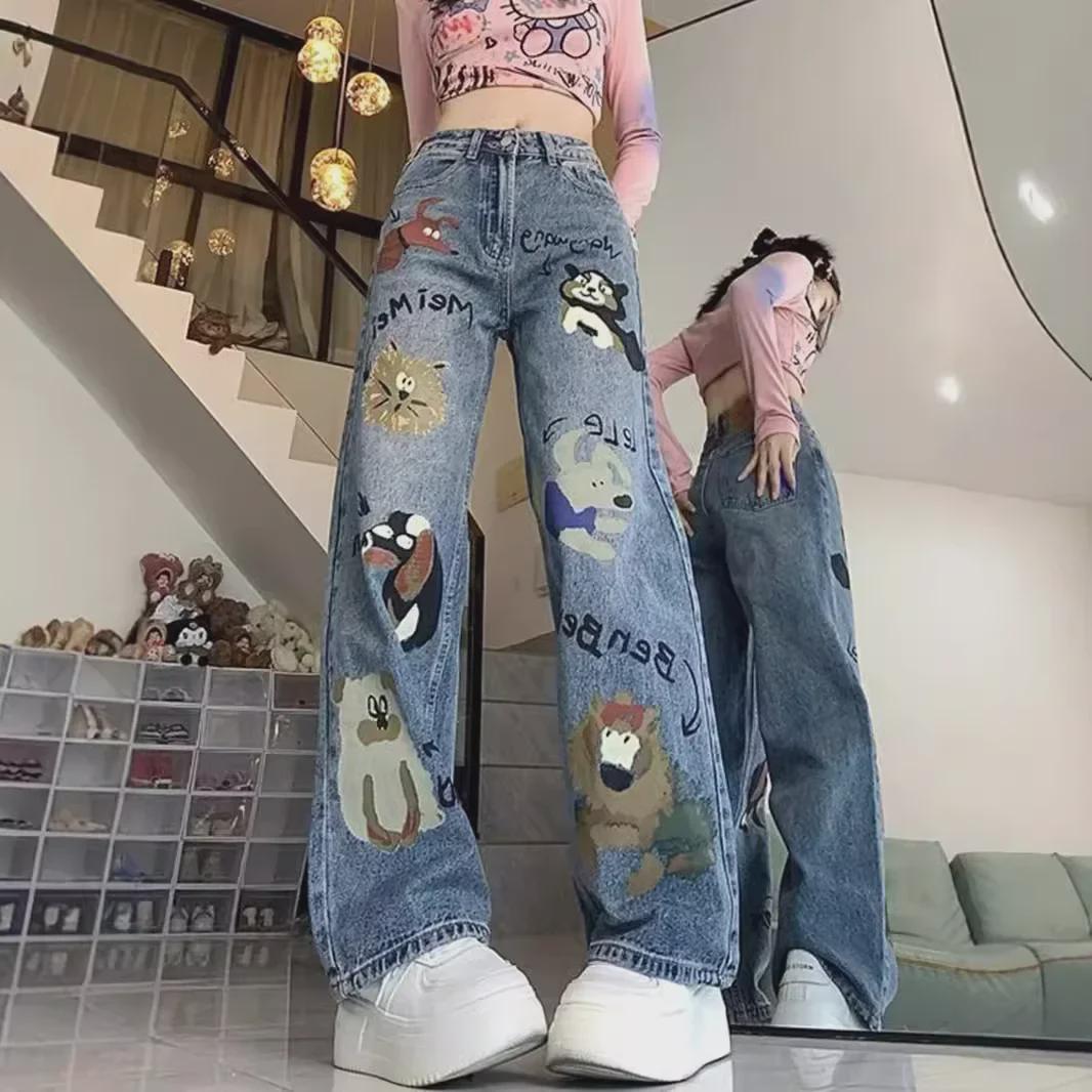 VantaGoods 2024 Dames High-Waist American Graffiti Print Wide-Leg Jeans - Zomer Casual Loose Fit XS blauw