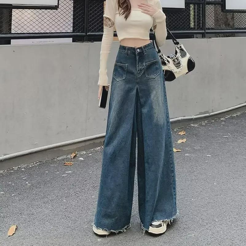 VantaGoods Retro High-Waist Wide-Leg Jeans voor dames - Zomerse losse pasvorm met onafgewerkte zoom L donkerblauwe kleur