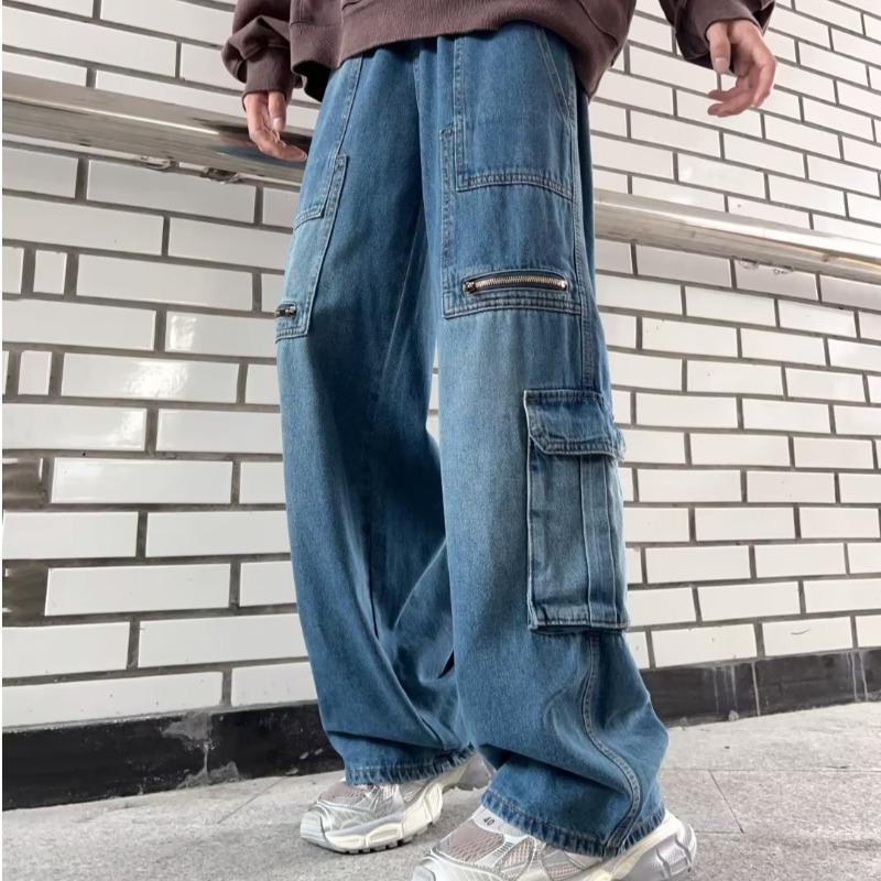 VantaGoods Unisex Amerikaanse Retro Wijde Broeken Gewassen: Casual overall met meerdere zakken voor herfst en winter. 2XL blauw