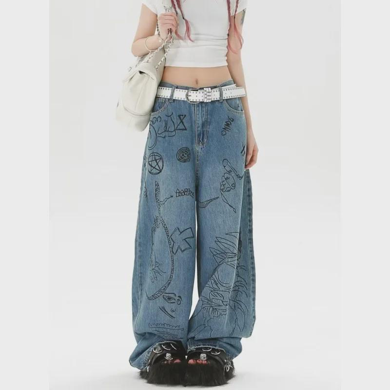 VantaGoods 2023 American High Street Handgeschilderde Graffiti Washed Retro Wijde Jeans XL blauw