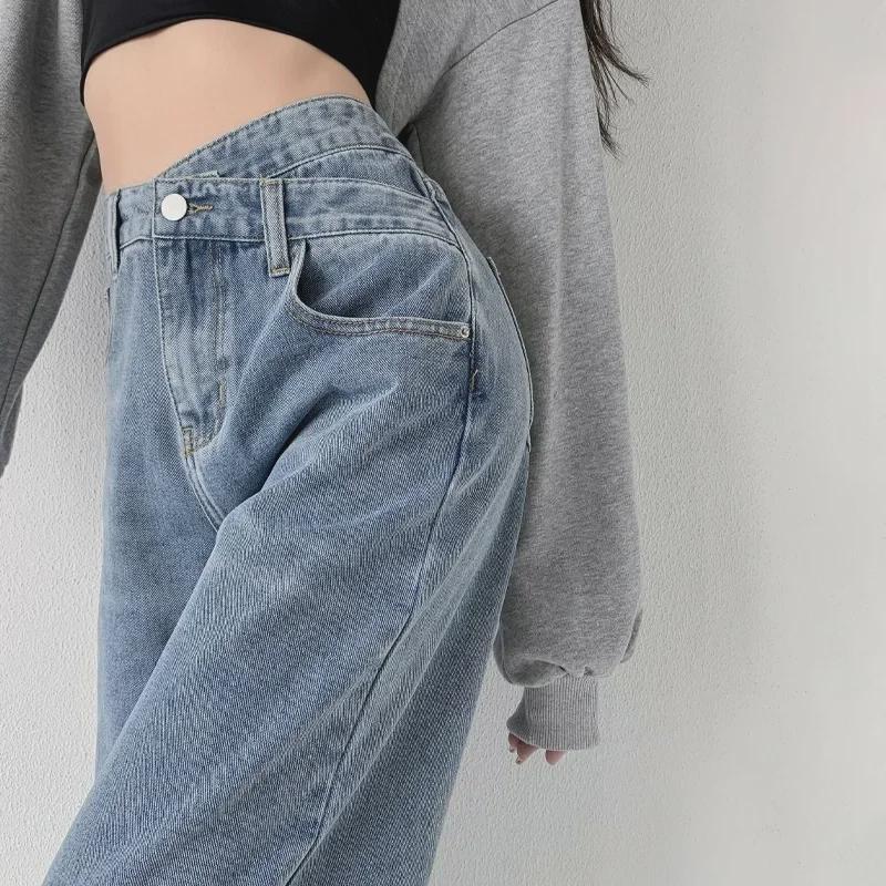 VantaGoods Dames jeans met hoge taille en wijde pijpen - losse pasvorm, schuine gesp, nisontwerp, perfect voor de zomer S