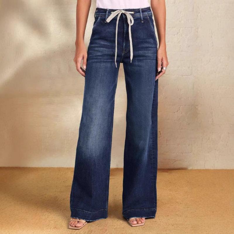 Qiu Yi Nieuwe lente veter-stretch jeans voor dames met rechte pasvorm, wijde pijpen en modellen met temperament XXL donkerblauwe kleur