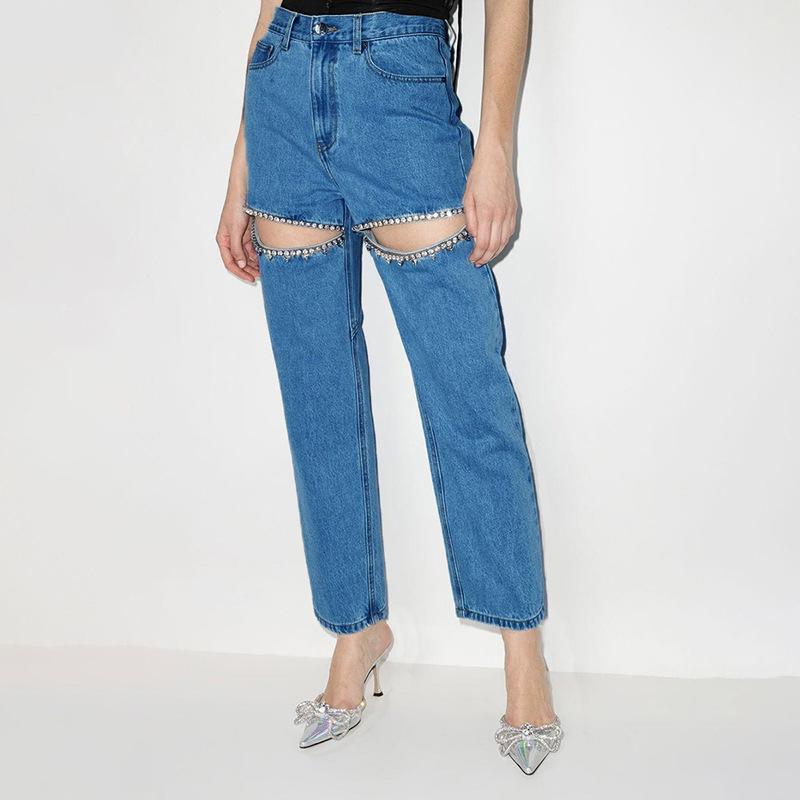 Qiu Yi Damesbroek Mode Niche Diamant Studded Kralen Mid-waist Rechte Lange Dij Uitsnijding Jeans XXL lichtblauwe kleur