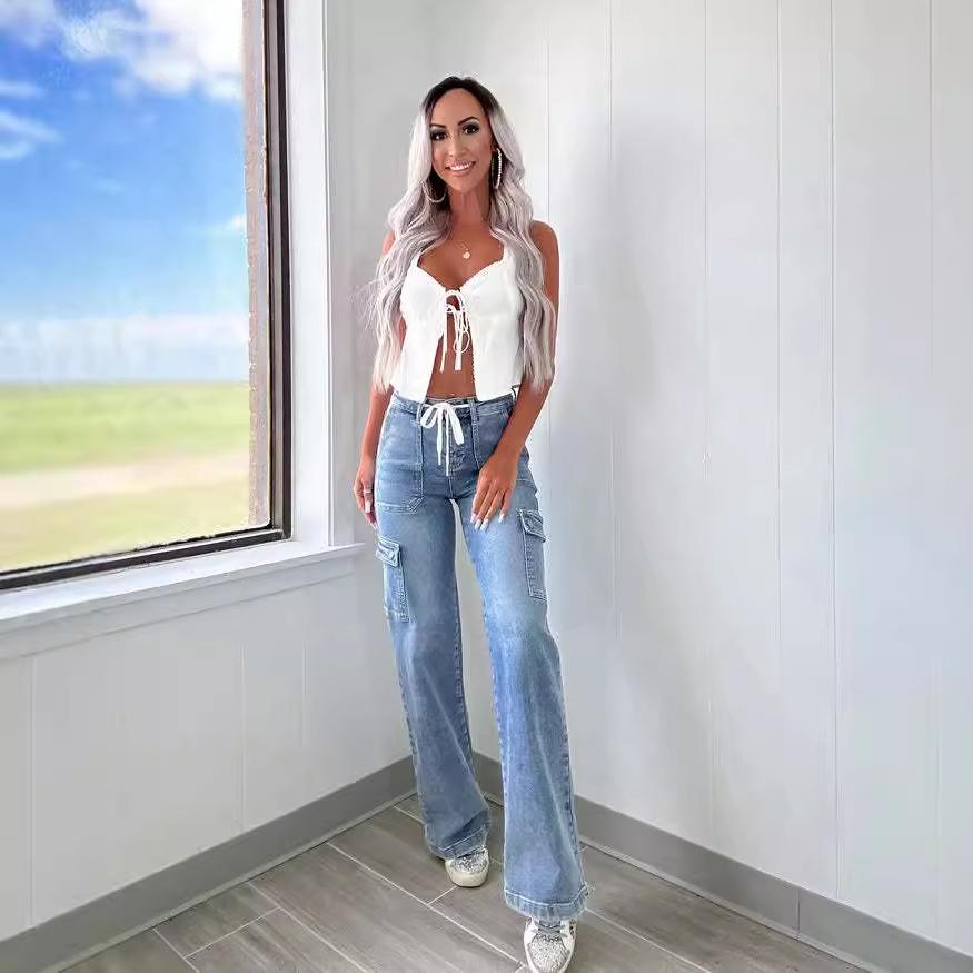 Qiu Yi Crew Jeans Dames Casual Lace-Up Multi-Pocket Functionele Werkbroek XXL lichtblauwe kleur