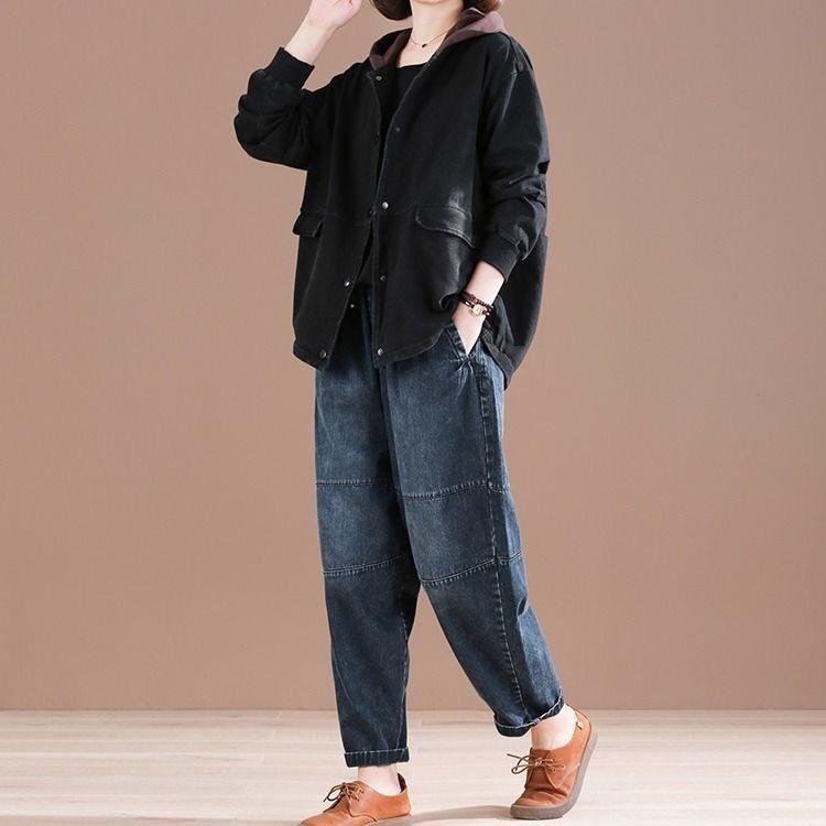 Qiu Yi Lente en herfst retro grote maten broek die vlees bedekt literaire oude grond Harlem broek dames losse jeans 3XL blauw