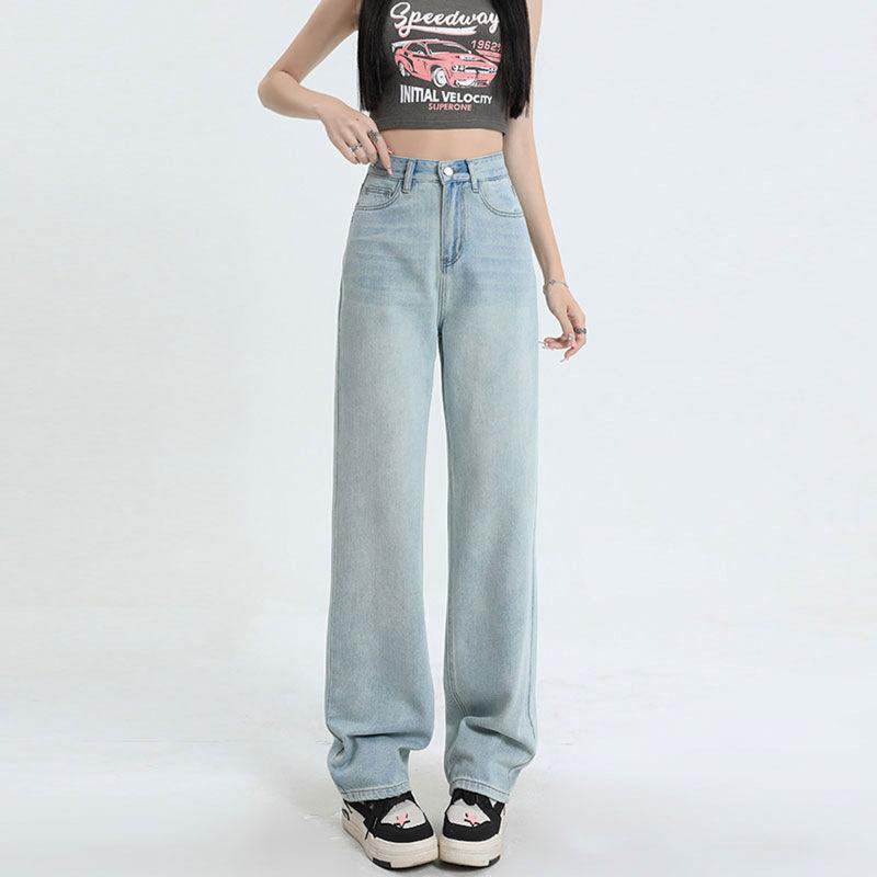 Qiu Yi Jeans Rechte broek voor dames Hoge taille, losse dunne casual sleepbroek met wijde pijpen 2XL
