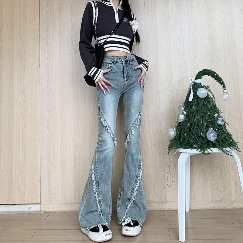 Qiu Yi Vintage broek, micro-denimjeans voor dames, lente en herfst, retro stretch splitsende slanke flare-broek met hoge taille 2XL