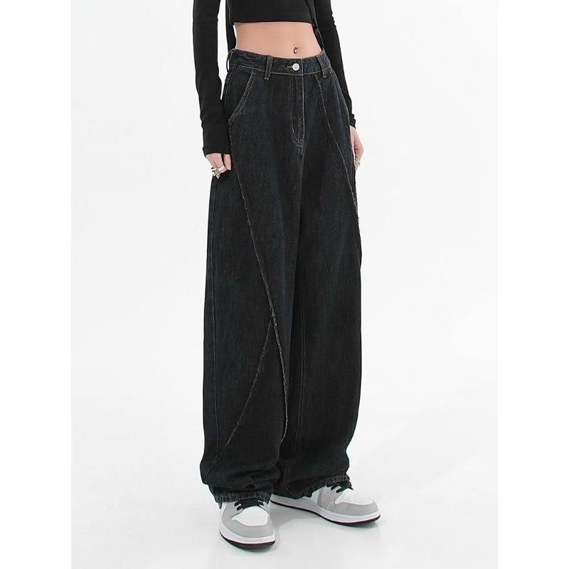 FD2VV Heren- en dames casual baggy jeans met los stikselontwerp, High Street zwarte rechte broek, Y2k Boyfriend denim broek S-5XL XL zwart