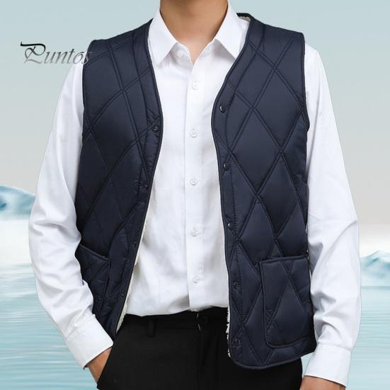 DILLER Heren fluwelen gewatteerd vest V-hals mouwloos enkelrijs ontwerp drukknopen verdikte pluche voering winter katoenen vest XL marineblauwe kleur