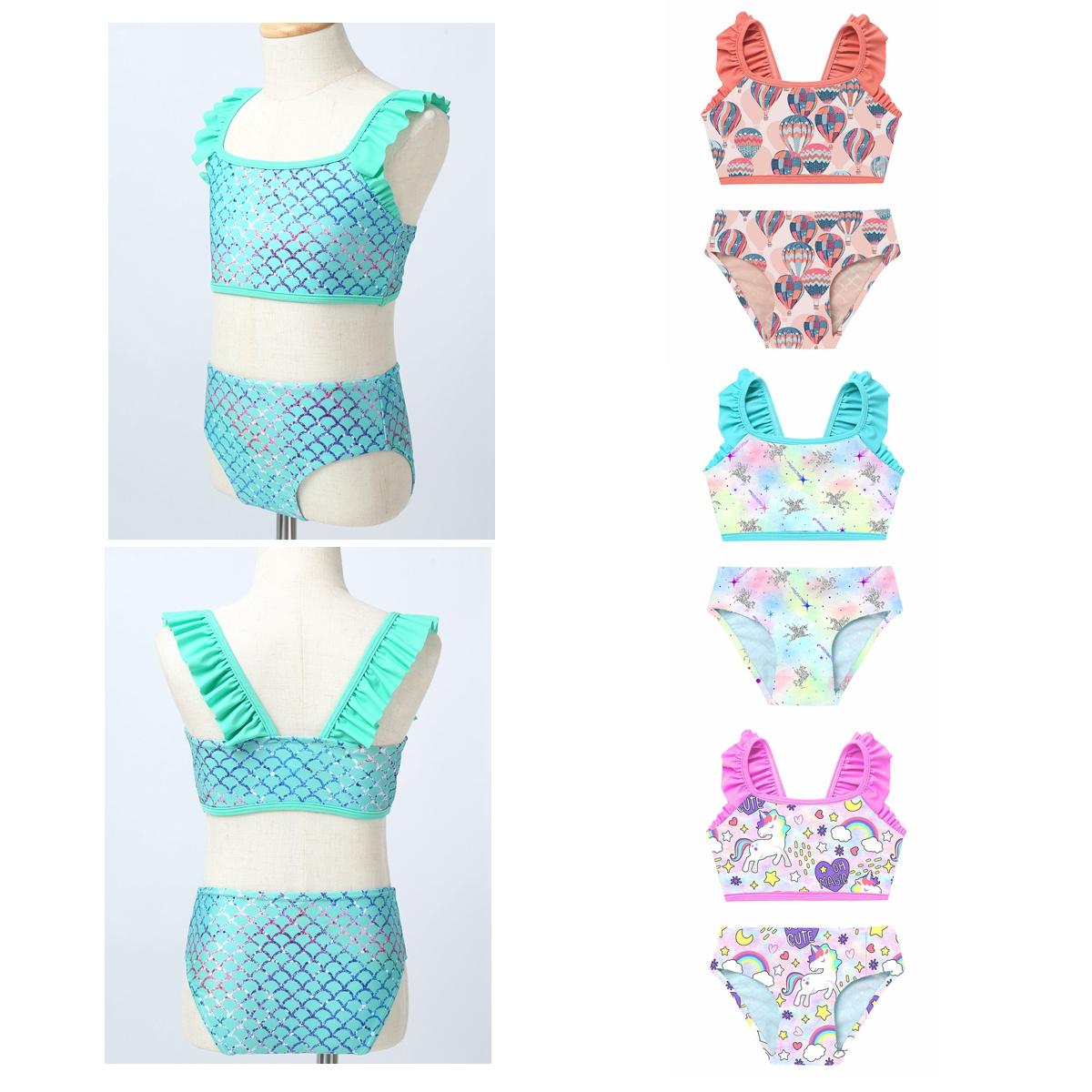 Fldy Kinderen Meisjes 2 STKS Tankini Verstoorde Schouderbanden Gedrukt Crop Top met Bodems Hawaii Set Bikini Badmode 5-6 Years paars