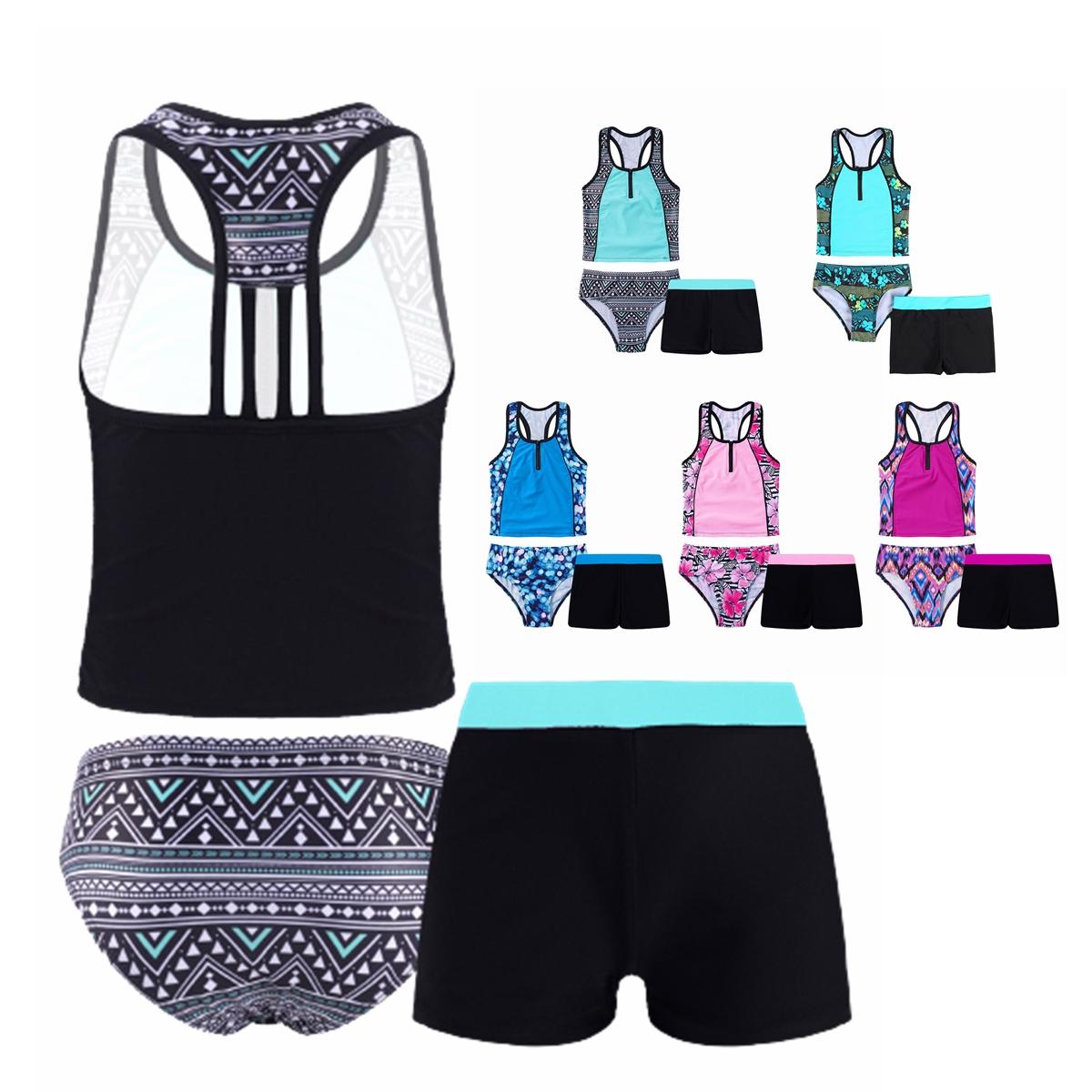Yeahdor Kinderen Meisjes 3 Stuks Badpak Mouwloos Bloemenprint Tops met Shorts Bottoms Set Tankini Badpak 11-12 Years mintgroene kleur