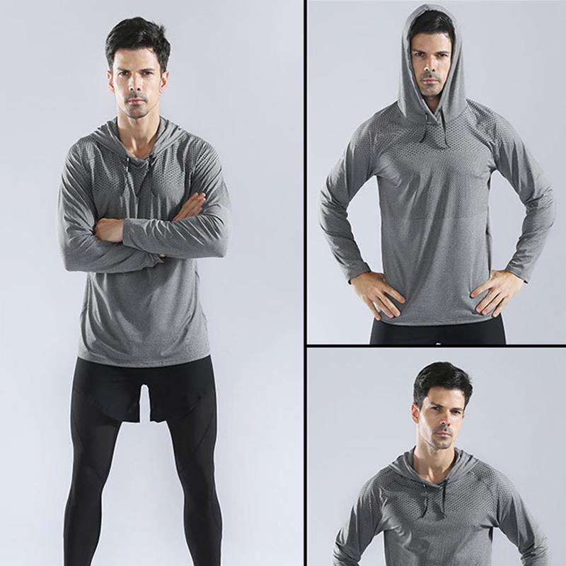 Shedao Pro Fitness Sporting Heren sport trui met capuchon, casual shirts met lange mouwen, herfst winter fitness sweatshirt, sneldrogend, ademend, hardlooptraining tops XL lichtgrijze kleur