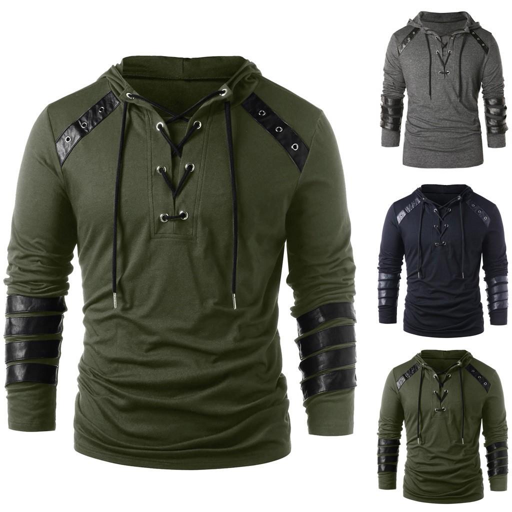 Ximalaya Ramidos Heren Winter Trekkoord Vintage lederen patchwork Tops met lange mouwen en capuchon XL zwart