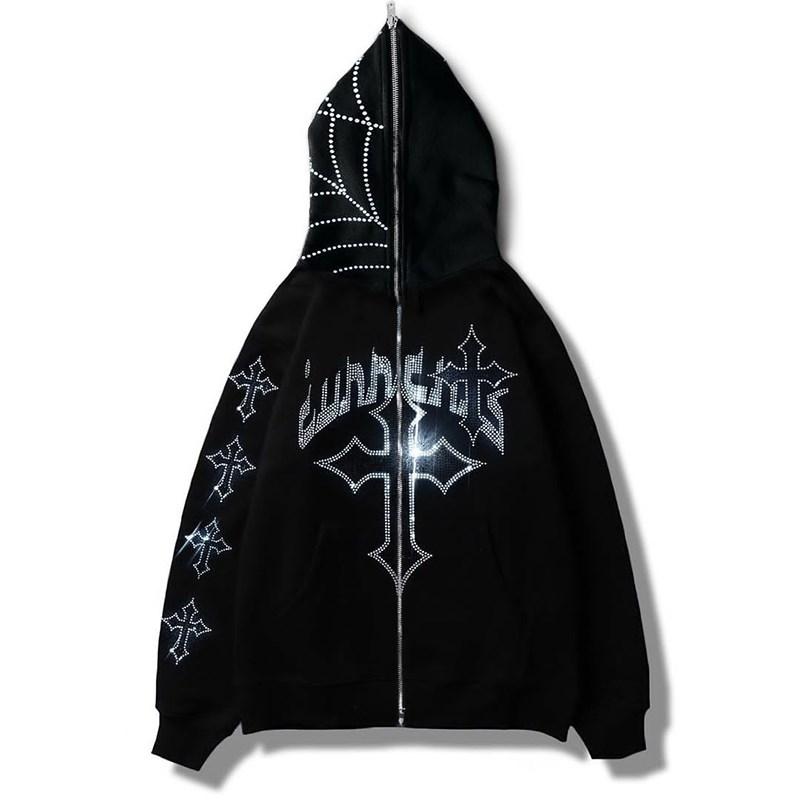 YoungGirl Mannen Y2K Fashion Hoodie Strass letter graphics Print Zip Hoodie kleding Hoodies Goth Sweatshirt met lange mouwen Oversized Top XL zwart