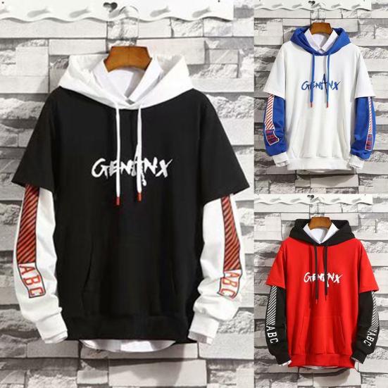 Meizhenchang Hoodie Top Pocket Winddicht 3D Snijden Mannelijke Patchwork Nep Tweedelige Pullover Top Streetwear 2XL zwart