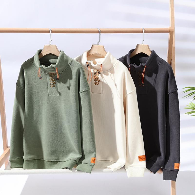 Mi-Fashion Heren herfst en winter Oostenrijkse graanfleece verdikte capuchon geborduurd mode straat half coltrui sweatshirt kledingstuk 4XL groen