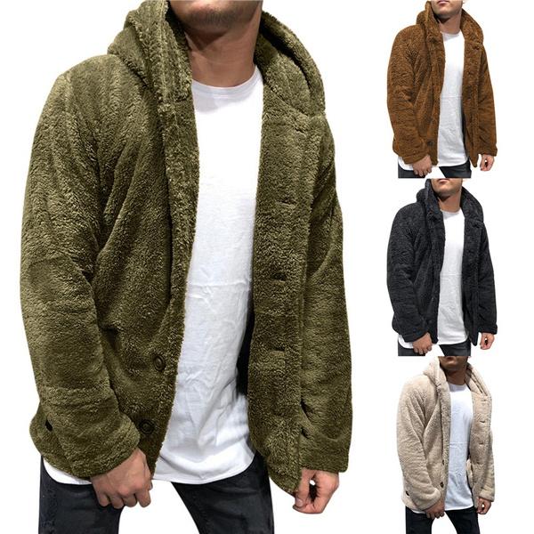 BEE 6 Herenjack van teddyfleece met lange mouwen, effen kleur jas, losse uitloper, casual hoodies voor herfst en winter S zwart