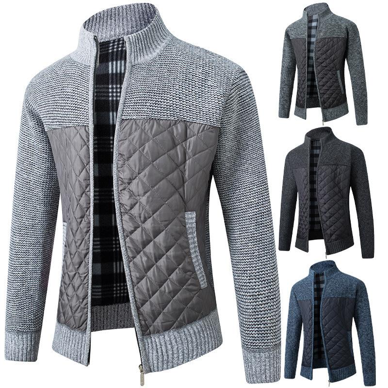 MILL MALL Herfst en winter heren opstaande kraag gestreept geruit plus fluweel mode kleur bijpassende warme gebreide jas trui 3XL