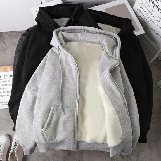 Jingli Herfst Winter Herenjas Ritssluiting Lange Mouwen Elastische Manchetten Dik Plus Size Trekkoord Pluche Effen Kleur Losse Zakken Dagelijkse Sport Hoodie L grijs