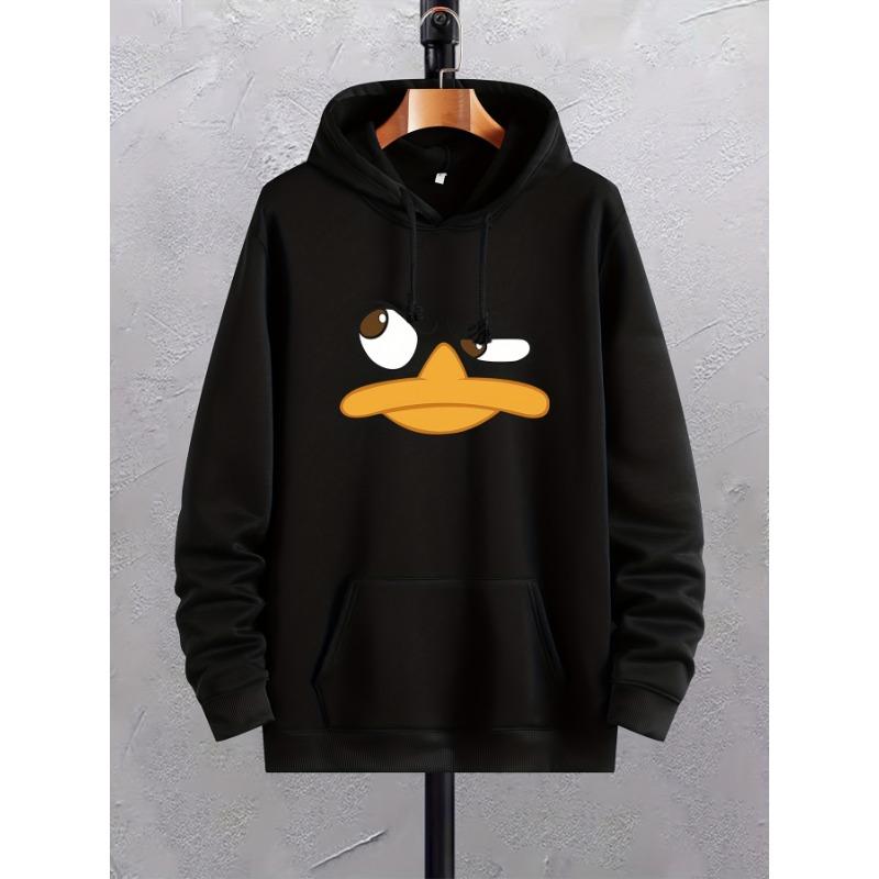 The second face a man Cartoon Duck Print Hoodies voor heren, grafische hoodie met kangoeroezak, comfortabele losse trendy trekkoord capuchontrui S zwart