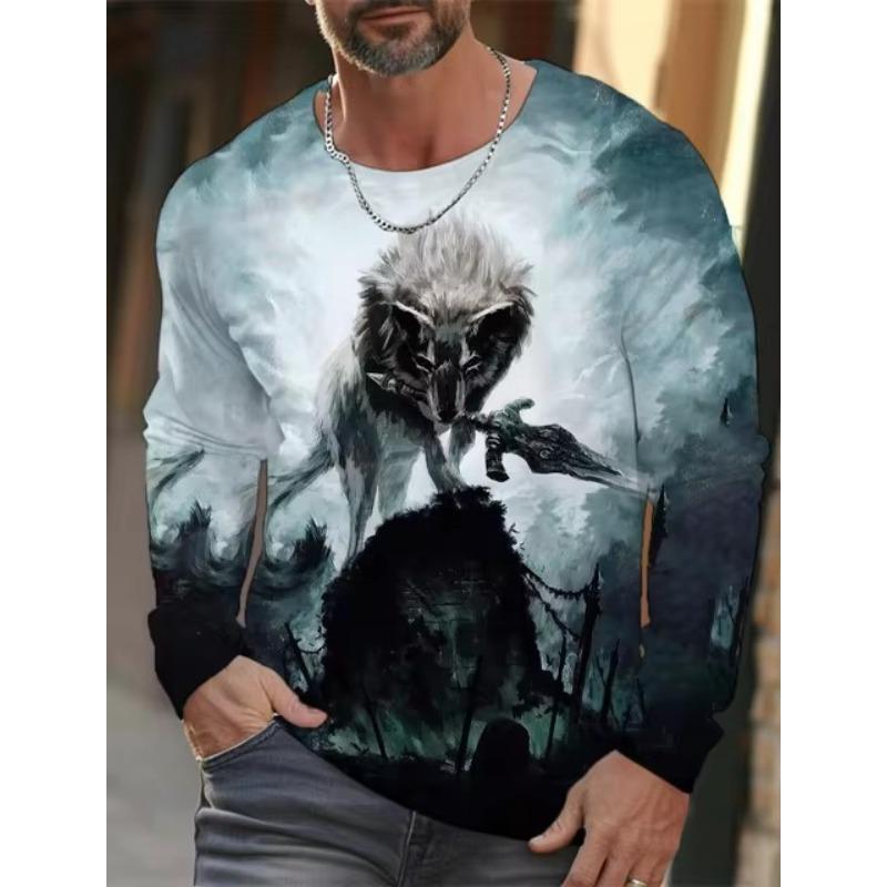 HerSight Heren T-shirt met lange mouwen 3D-geprinte high-definition wolf dierenprint Heren herfsttops Casual ronde hals T-shirt 6XL