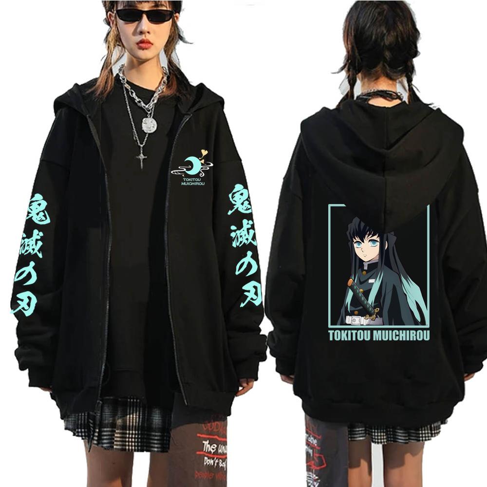 TENJINGE Trendy Anime Demon Slayer Heren Rits Hoodies Sweatshirt Casual Muichiro Tokito Hoodie Mode Pullover Rits Jas Jassen L zwart