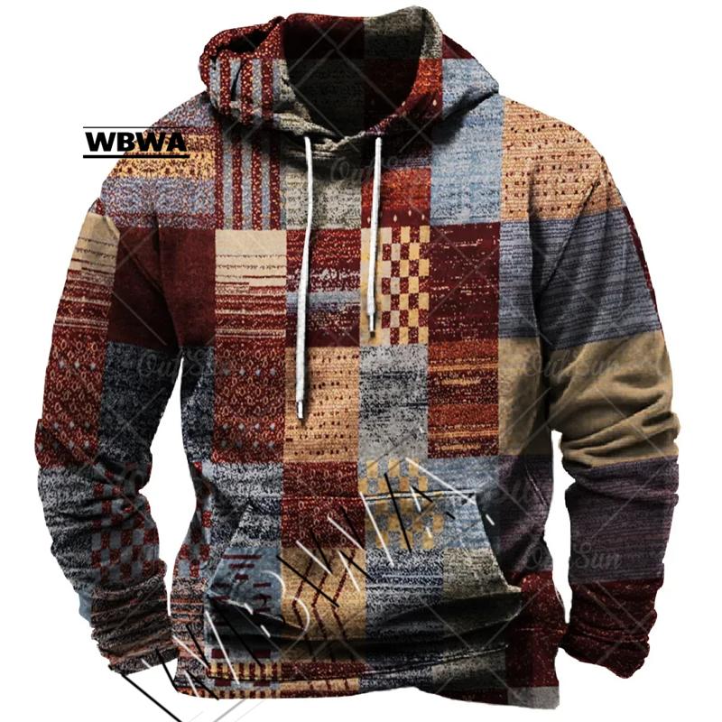 ETST0013 Vintage Heren Hoodie Voor Sweatshirt 3d Plaid Print Lange Mouw Trui Straat Man Kleding Heren Oversized Trui Met Capuchon 2023 5XL