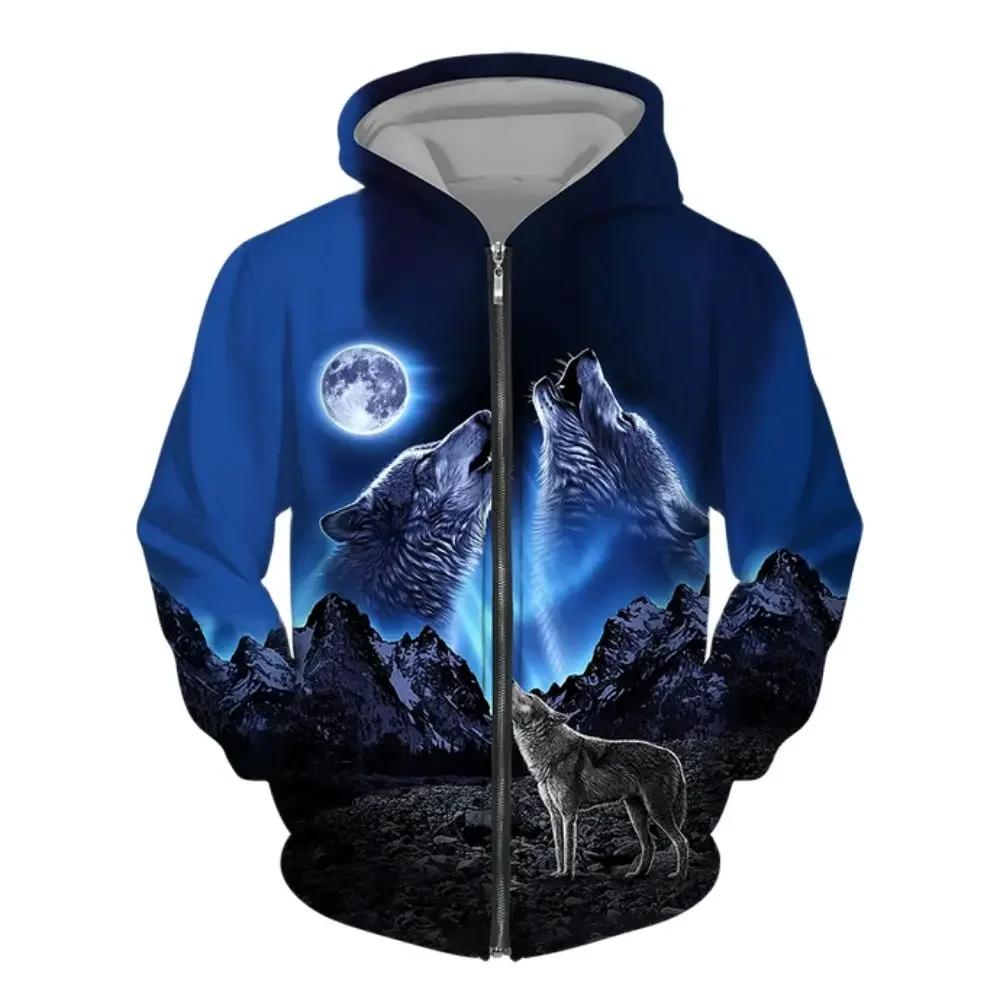ETST0013 Heren hoodie met rits Wolf 3D-geprinte hoodie met rits heren trui mode casual trui straat Harajuku Kleding Lente en herfst M
