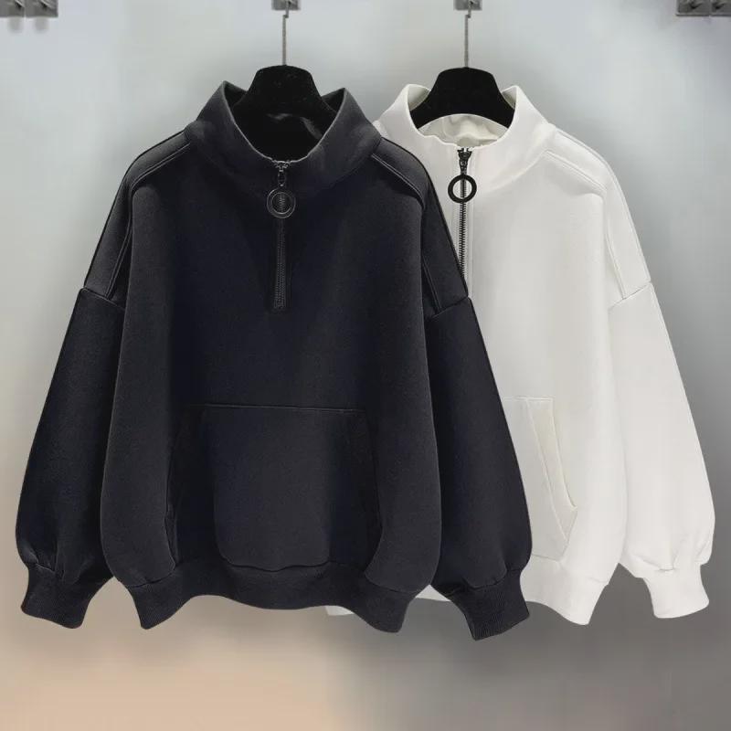 VantaGoods Heren Retro Zwarte Half-Zip Capuchon Sweatshirt: Opstaande kraag voor de lente en herfst, trendy, high-end straatmode voor de herfst en winter. XXL zwart