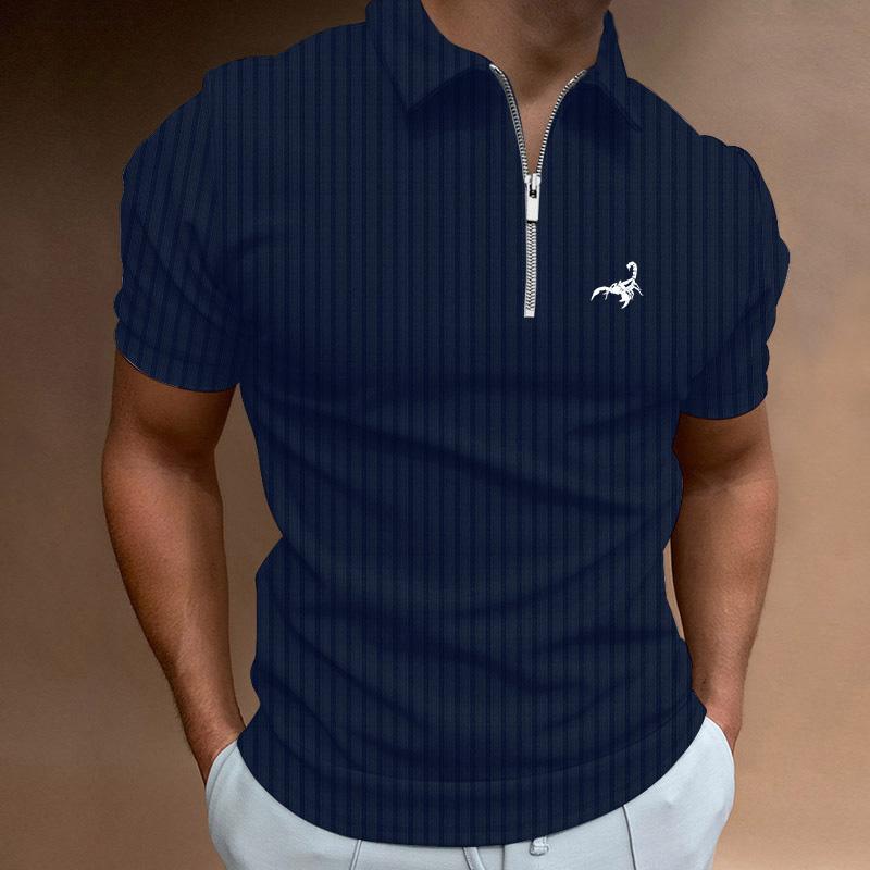 Haodingfushi Herenkleding Zomermode Korte mouw Sport Streep Rits Poloshirt. XL marineblauwe kleur