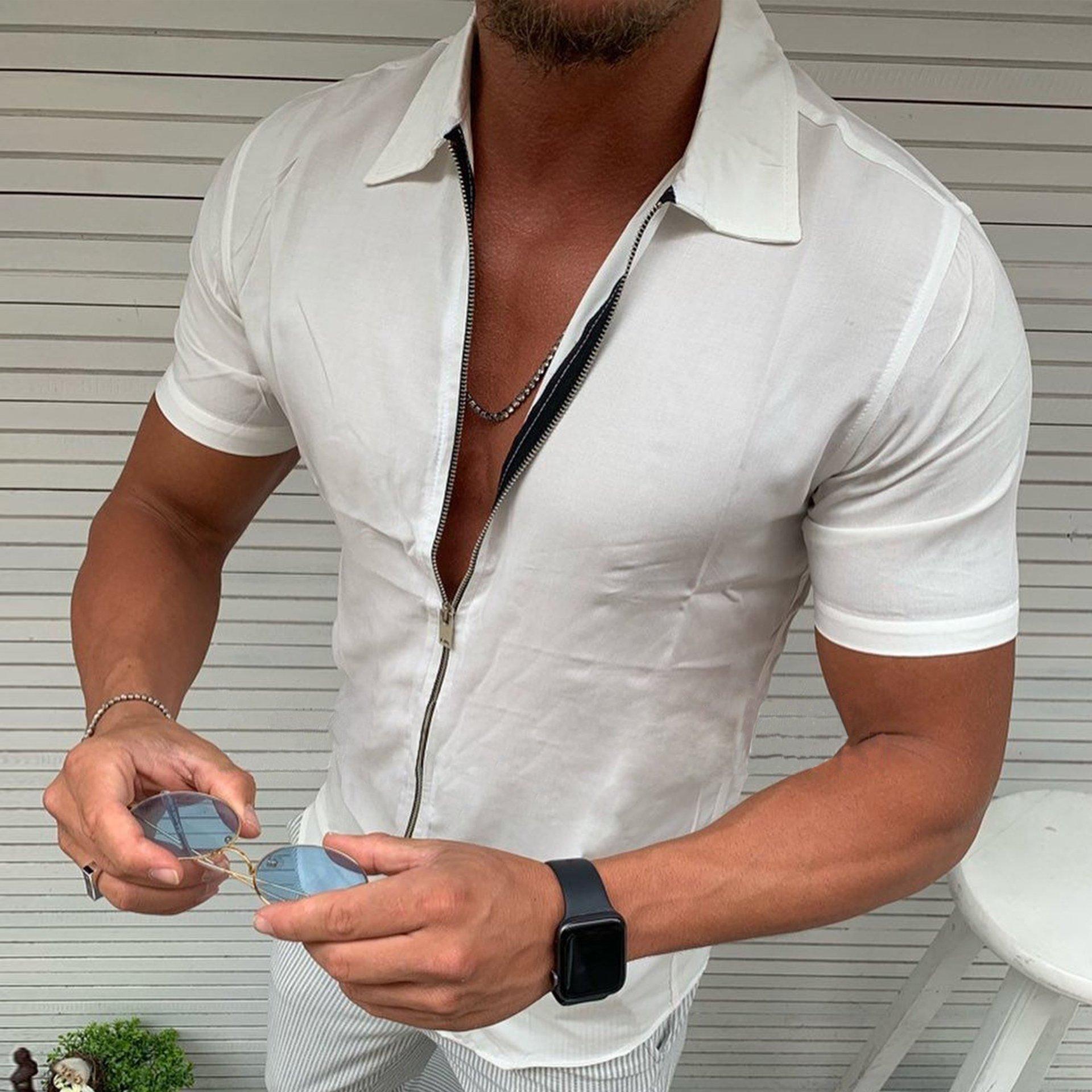 KAOLA Heren Licht Zakelijk Kantoor Casual Rits Korte Mouw Shirt Slim Fit Effen Kleur Revers Vest Mode Tops S beige