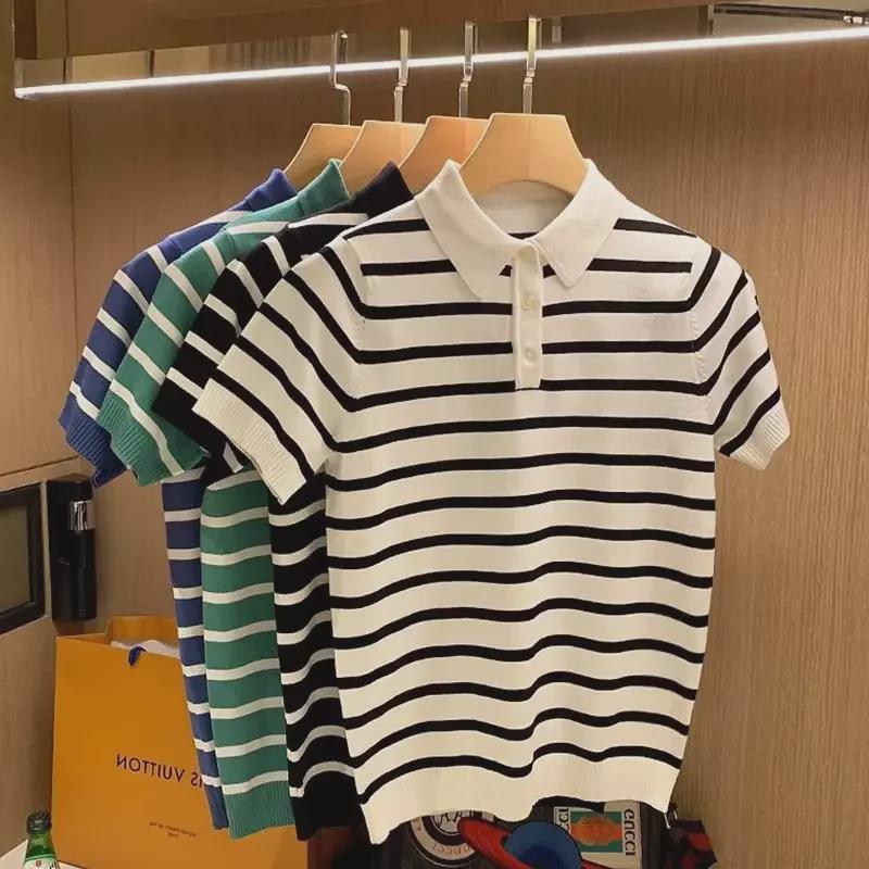 VantaGoods Heren 2023 Japanse zomer gestreept poloshirt - Harajuku-stijl, korte mouwen, licht en volwassen M zwart