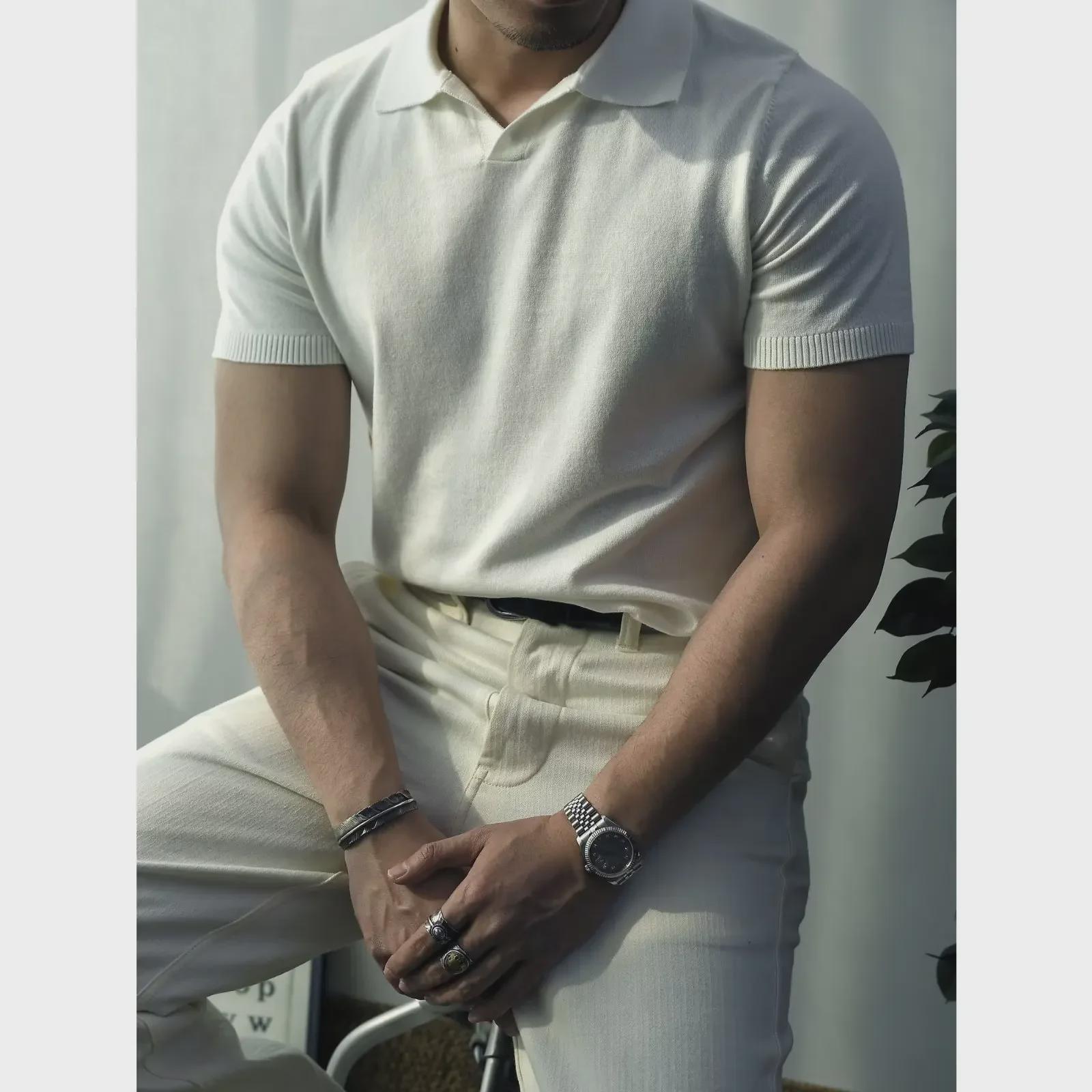 VantaGoods Trendy Koreaans-stijl effen gebreid poloshirt voor heren