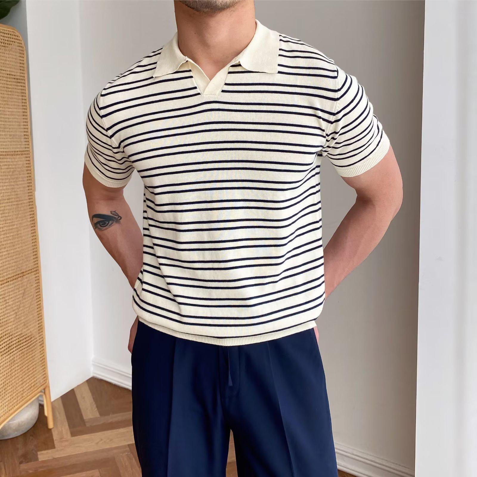 VantaGoods Heren Zomer V-hals Gestreepte Ijs Zijde Polo - Korte Mouw Trendy Revers T-shirt 3XL koningsblauwe kleur