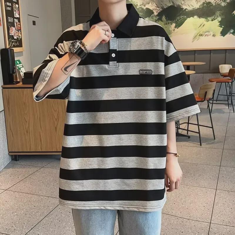 VantaGoods Heren 2024 Hong Kong-stijl Japans gestreept poloshirt: Kortmouw, retro Amerikaans trendy revers T-shirt M blauw