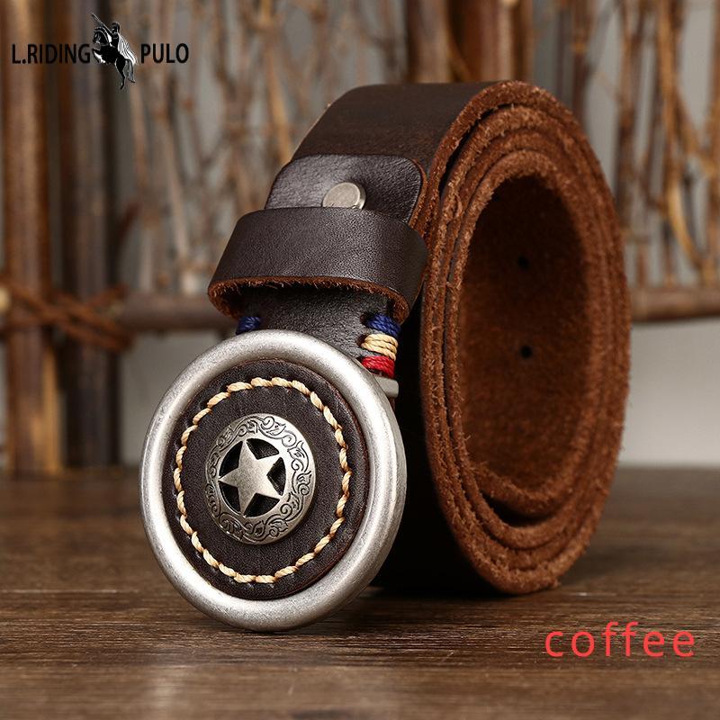 L.RIDING PULO Verdikte koeienhuid gladde gesp riem echt leer plaatgesp Koreaanse stijl retro veelzijdig 130cm koffie