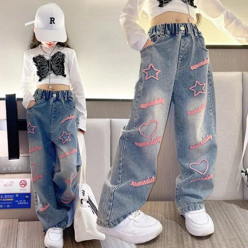 DSorothy Meisjes School Wijde Pijpen Broek met Hart Ster Ontwerp Casual Losse Kinderen Mode Lange Jeans Kinderen Koreaanse Stijl Broeken 120 blauw