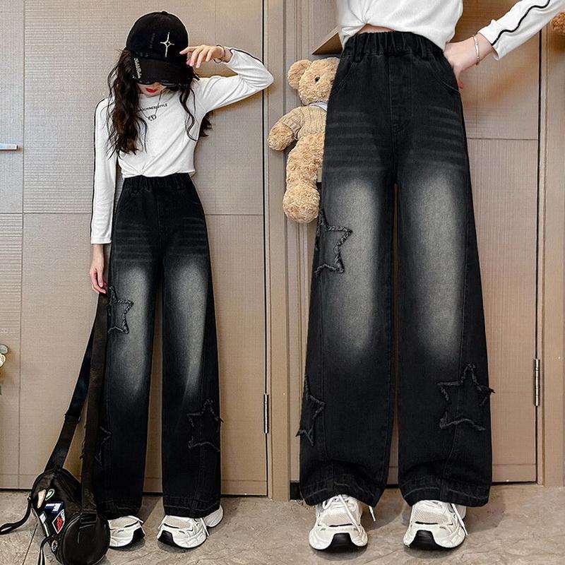 Mysterious Gift Retro hoge taille wijde rechte jeans voor tienermeisjes met sterrenpatroon voor kinderen, nieuwe casual denim broek voor meisjes. 160 zwart