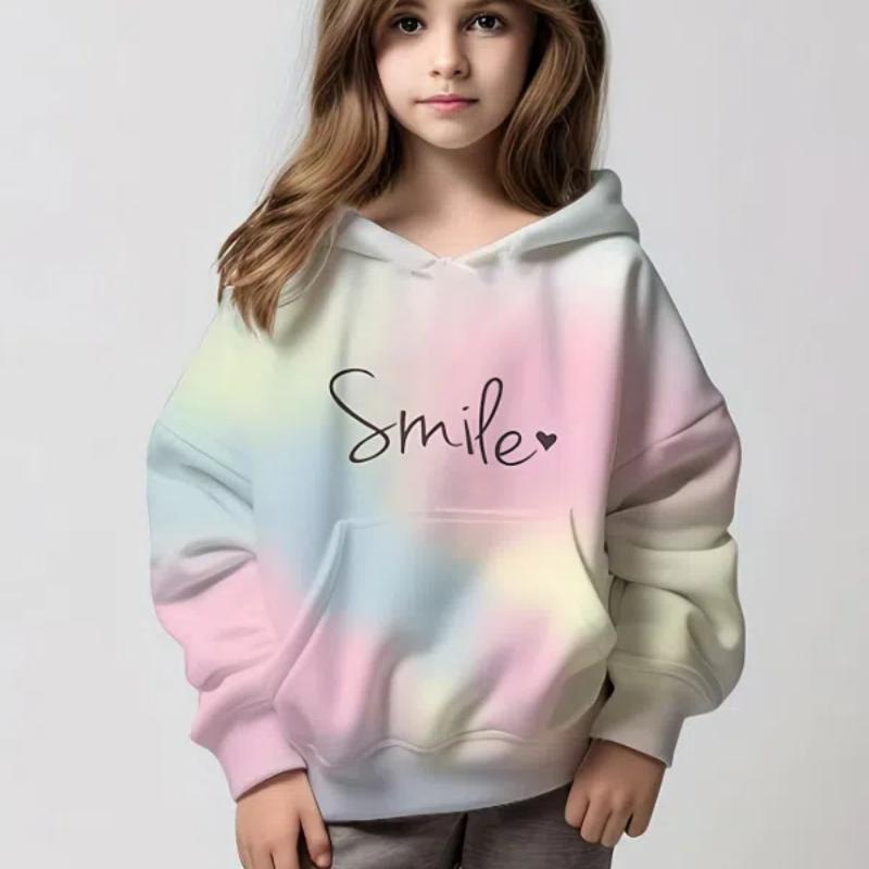 ETST WENDY 012 2024 Meisjes Ombre Tie-Dyed Sweatshirt Lange Mouw Drop Schouder Hoodie Met Zak Geschikt Voor Sport Dagelijks Casual Kleding 140CM