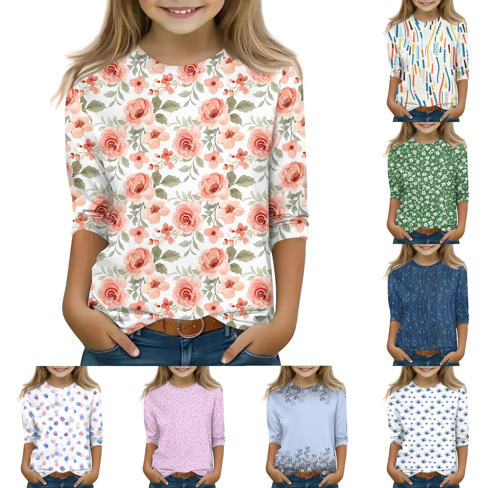 ElongPaoXiao Print tops voor jeugdige meisjes van 5-16 jaar ronde hals 3/4 mouwen T-shirts trendy tops outfit T-shirts 120