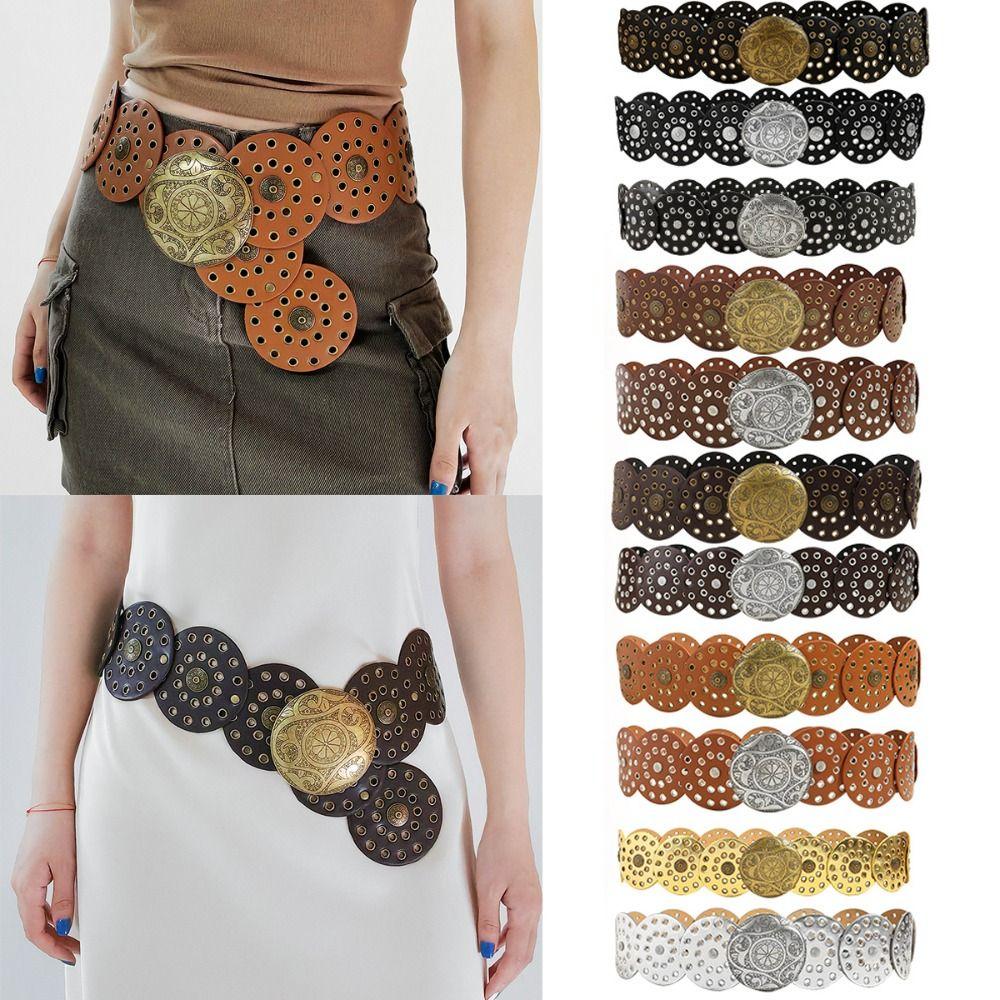 Zhenguejiao71 Holle riem met metalen gesp Y2K brede riemen Vintage schijfriemen voor dames Camel-Gold Buckle