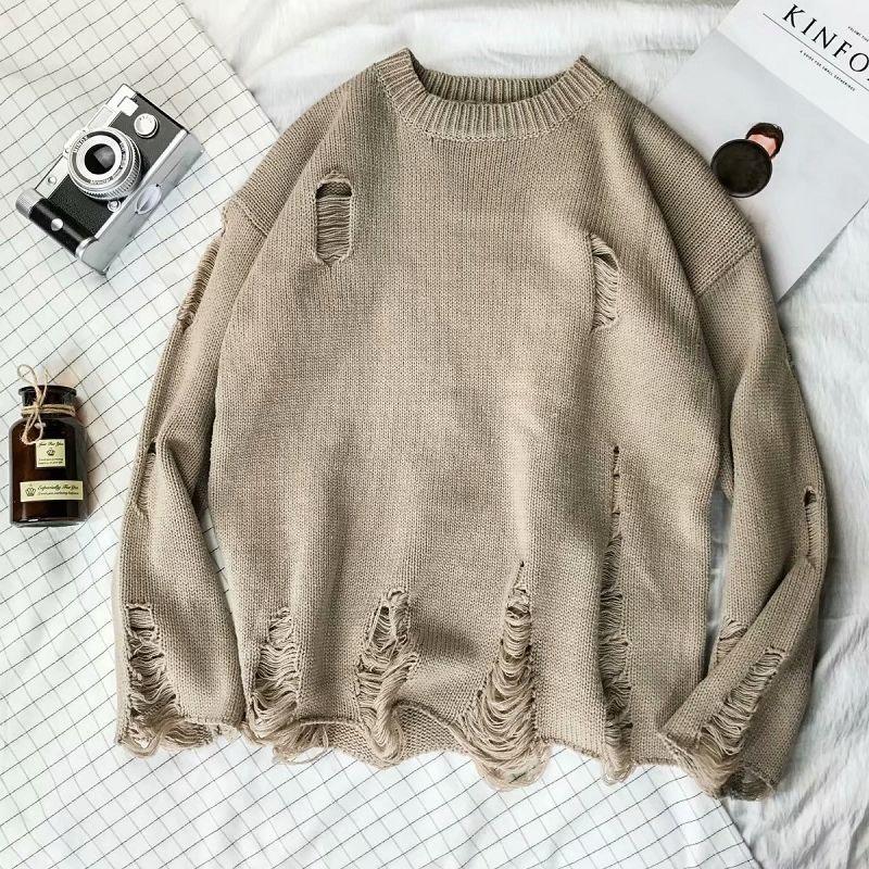 YUMI wardrobe Wassen gat gescheurde gebreide truien heren dames streetwear hiphop truien jumper mode oversized all-match heren winterkleding L kaki