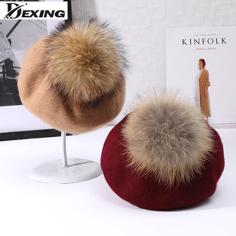 Dexing Herfst Winter Kinderen Warme Wollen Meisjes Baretten Met Natuurlijke Wasbeer Bont Pompom Hoed Voor Vrouwen adult
