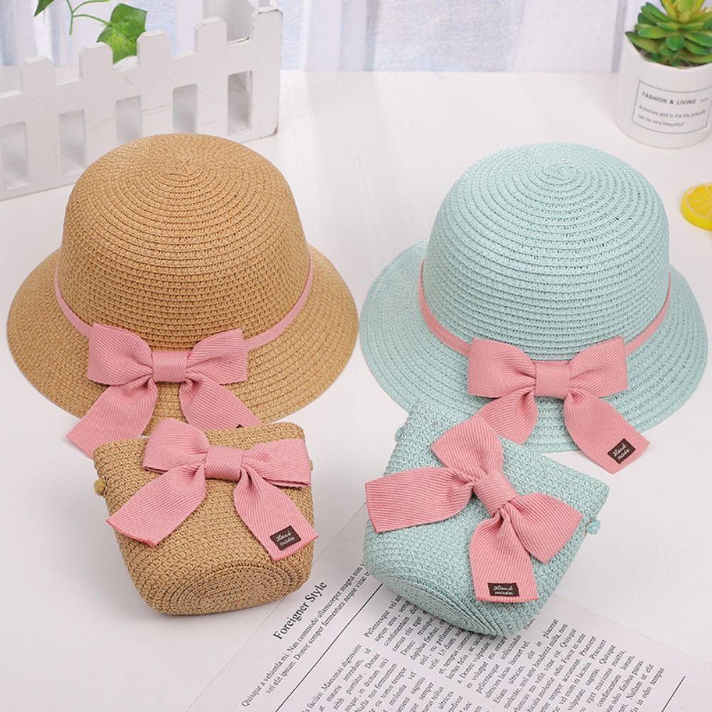Fenghaoyan36 Child Sun Protection Baby Travel Straw Bag Cap Set Fisherman Hat Crossbody bag Beach Hats Sun Hat Khaki-Hat