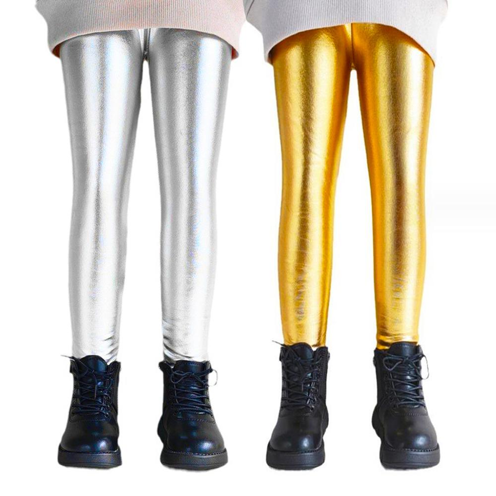 QEENRAAN Goud Zilver Kinderen Broek Meisjes Lente Herfst Kinderen Elastische Kunstleren Leggings Skinny Potlood Broek Meisjes Leggings 130 goud