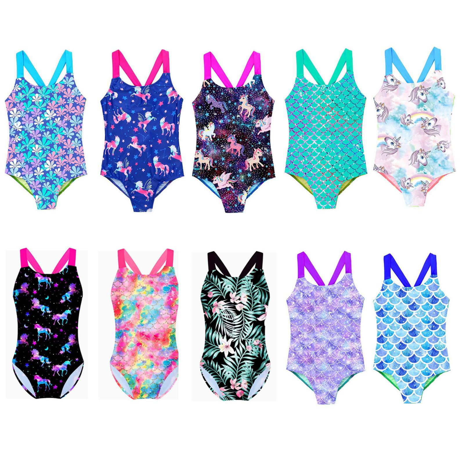 Ranrann Meisjes Eendelige badpakken Kinderen Schattige bedrukte badpakken Mouwloze badpakken Strandkleding 7-8 Years blauw/helder roze kleur