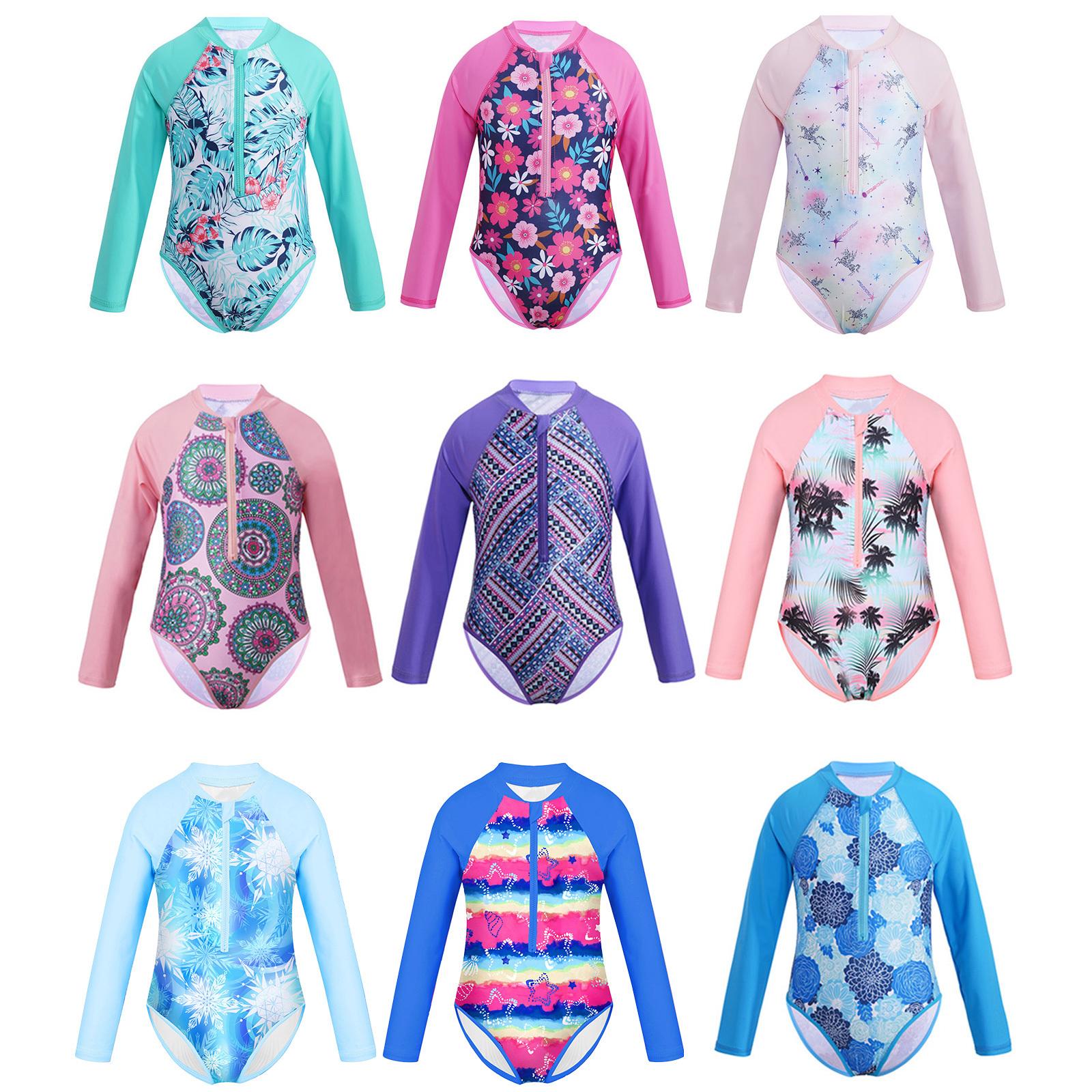 ZDHoor Kindermeisjes bedrukt badpak met lange mouwen en rits met Rash Guard-shirt tegen de zon 13-14 Years paars