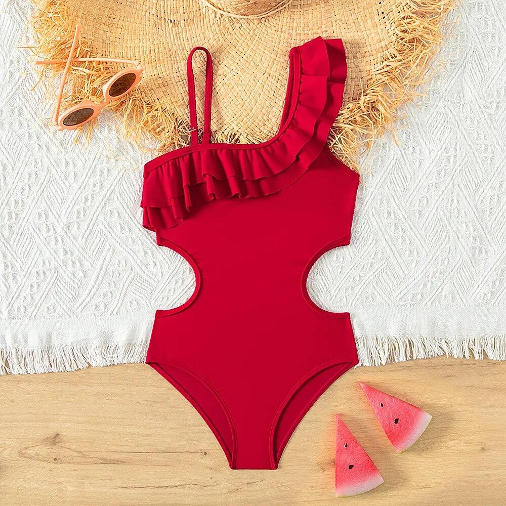 Fox Swimwear Retro rode kleur tienermeisjes badpak uit één stuk 5-14 jaar kinderbadpak met ruches badmode strandkleding 11-12 years old paars